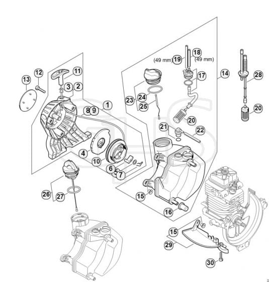 Genuine Stihl HT130 / C - Rewind starter, Fuel tank