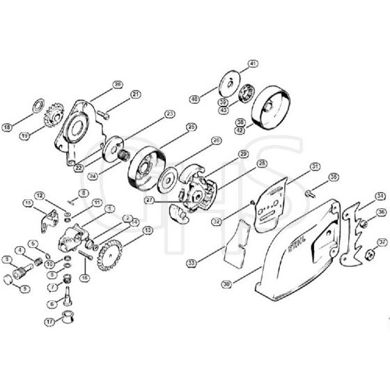 Genuine Stihl 031 / B - Oil pump, Clutch, Chain sprocket cover