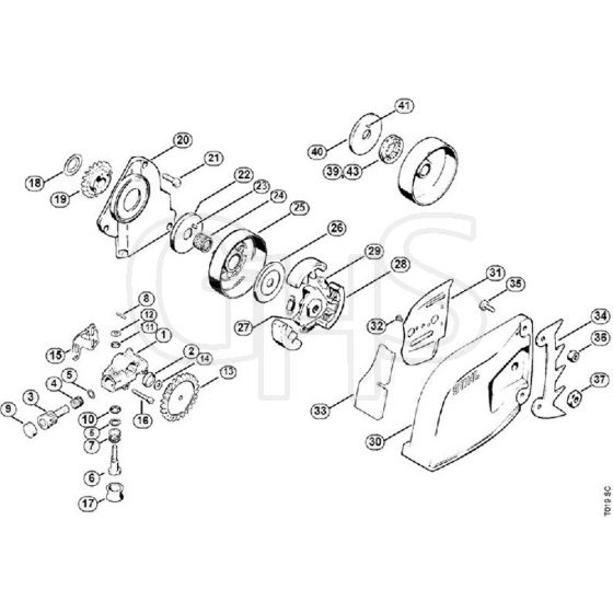 Genuine Stihl 032 AV / C - Oil pump, Clutch, Chain sprocket cover