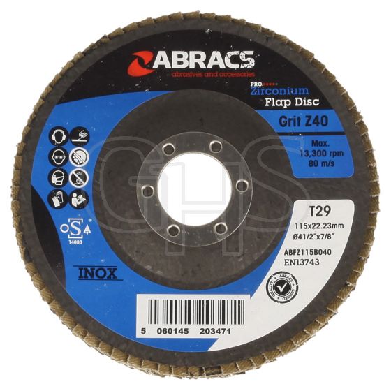 Genuine Abracs Zirconium Flap Disc (115mm x 22mm Hole) - 40 Grit