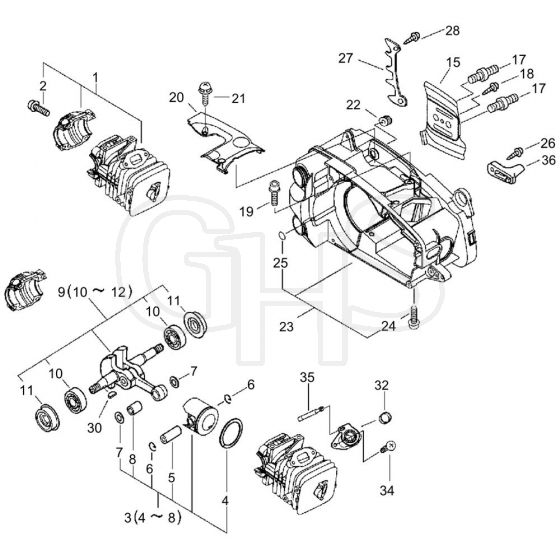 Cylinder, Crankcase, Piston