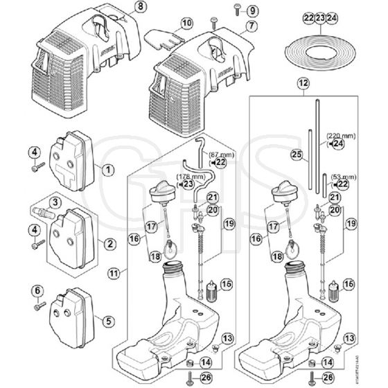 Genuine Stihl FS120 2-MIX / G - Muffler, Shroud, Fuel tank