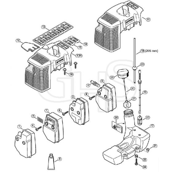 Genuine Stihl FS300 / E - Muffler, Shroud, Fuel tank