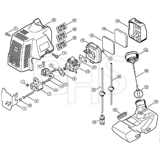 Genuine Stihl FS74 / D - Air filter, Fuel tank