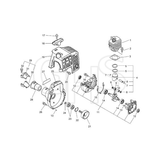 Cylinder, Crankcase, Piston, Fan Cover