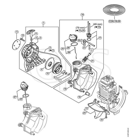 Genuine Stihl HL95 / C - Rewind starter, Fuel tank