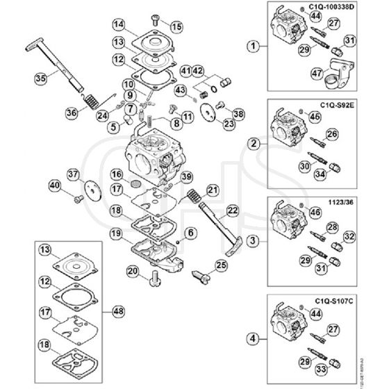 Genuine Stihl MS250 C-BE / R - Carburetor C1QS91, -S92, -S107, C1Q-100338, 1123/36