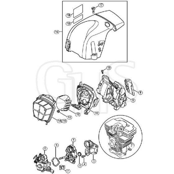 Genuine Stihl MS311 / K - Carburetor bracket, Air filter, Shroud (28.2012)