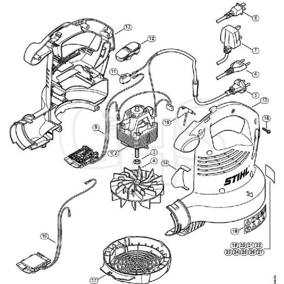 Genuine Stihl SHE71 / A - SHE 71: Electric motor, Fan housing, base